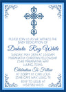 Blue ornate cross baptism invitation with decorative border
