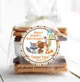 Blue owl and forest friends baby shower sticker design.