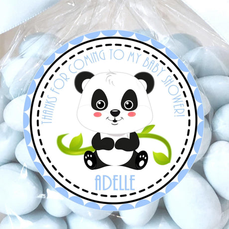 Blue panda baby shower sticker with bamboo and rosy-cheek panda