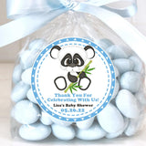 Blue panda baby shower sticker with outlined panda and bamboo