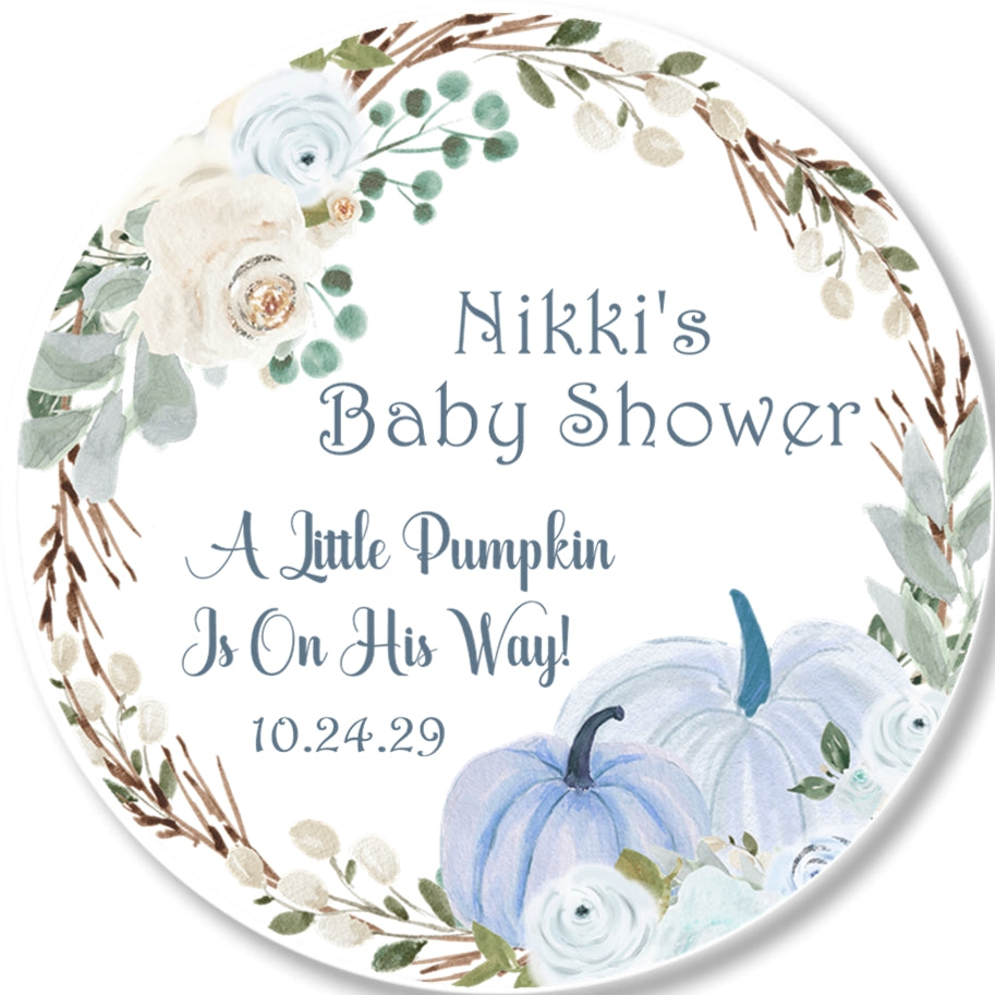 Blue pumpkin baby shower sticker with greenery wreath and watercolor pumpkins