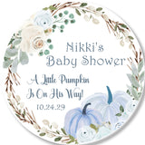 Blue pumpkin baby shower sticker with greenery wreath and watercolor pumpkins