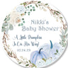 Blue pumpkin baby shower sticker with greenery wreath and watercolor pumpkins