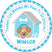 Blue puppy doghouse birthday sticker with pawty theme