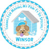 Blue puppy doghouse birthday sticker with pawty theme