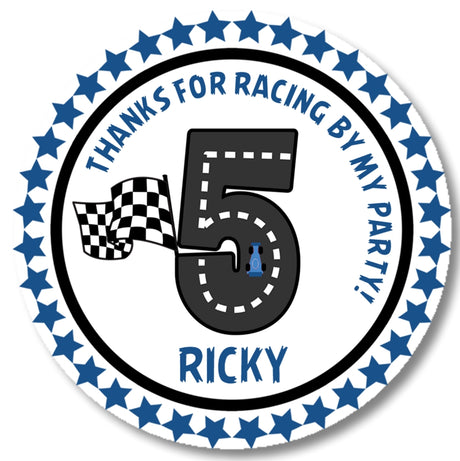Blue racing track birthday party stickers