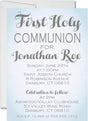 Blue watercolor First Holy Communion invitation with soft textured background