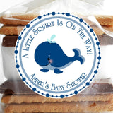 Blue whale baby shower stickers with navy border
