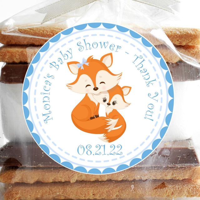 Blue woodland fox baby shower sticker