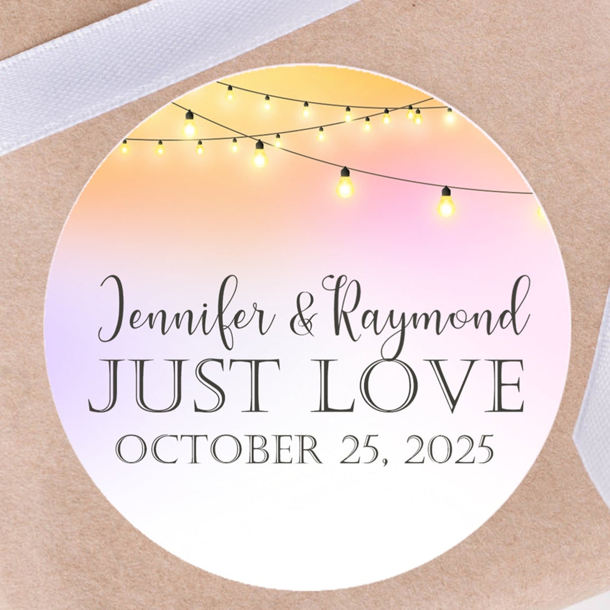 Blush bistro light wedding sticker with glowing string lights