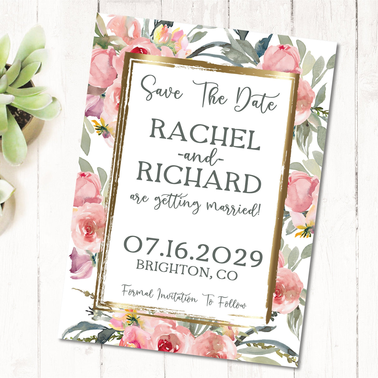 Blush pink floral save the date card featuring watercolor roses, eucalyptus leaves, and a gold border.