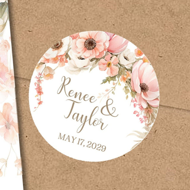 Blush watercolor floral wedding sticker with elegant script lettering