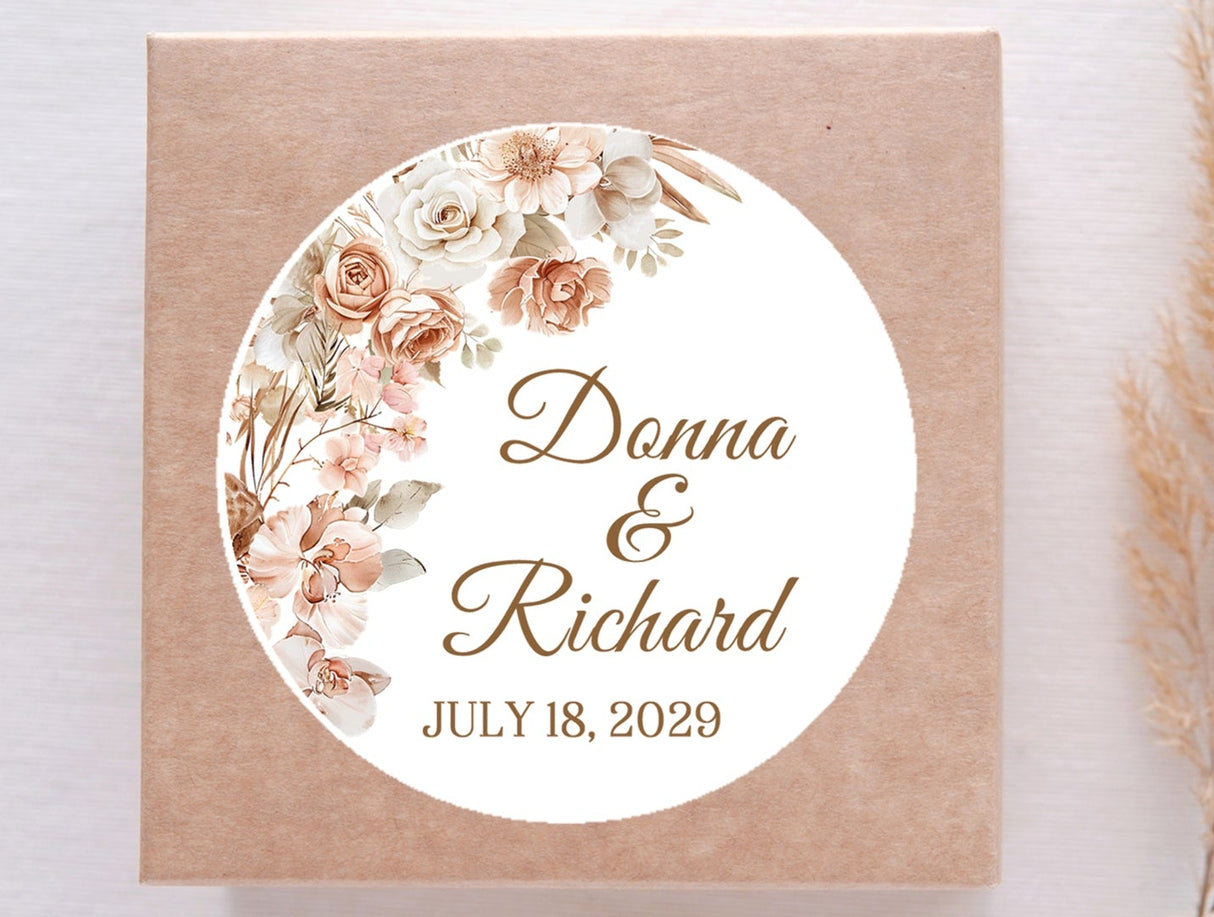 Boho pampas grass wedding sticker with names and date