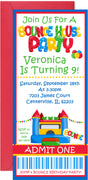 Bounce house birthday invitation featuring a colorful inflatable bounce house and ticket style design