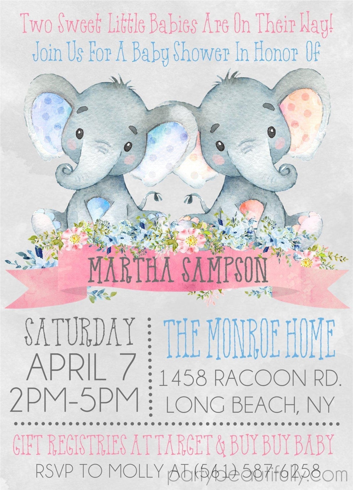 Boy Girl Twins Safari Elephant Baby Shower Invitations