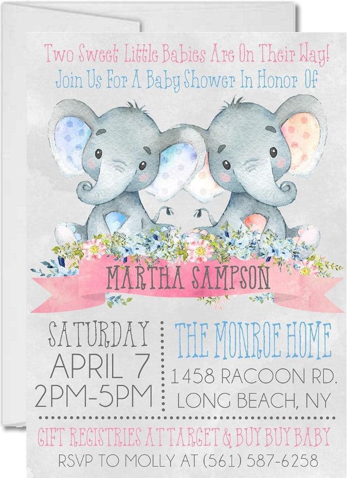 Boy Girl Twins Safari Elephant Baby Shower Invitations