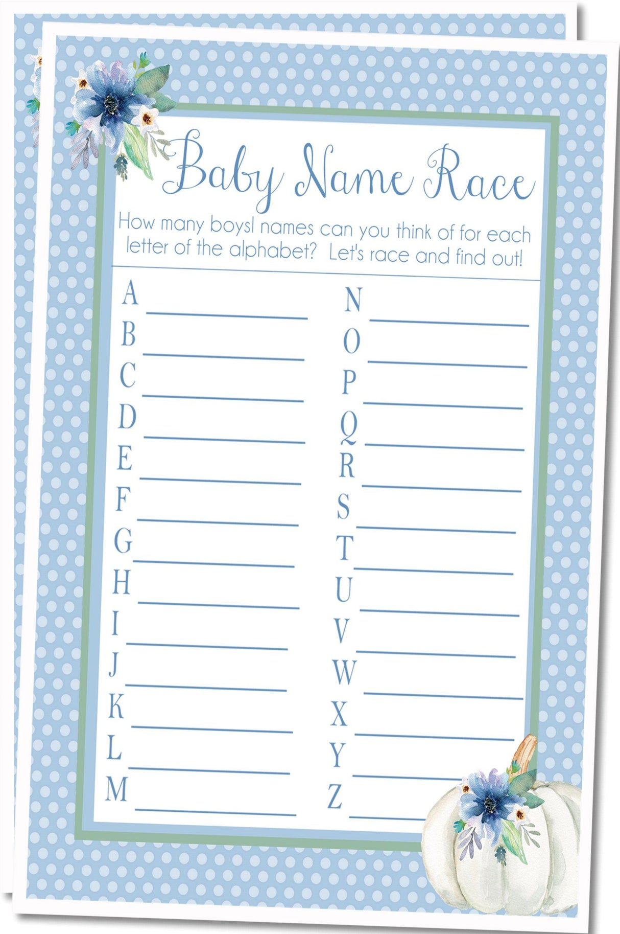 Boy baby shower name race printable game sheet