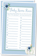 Boy baby shower name race printable game sheet