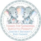Boy girl twin elephant baby shower stickers for favors and decorations