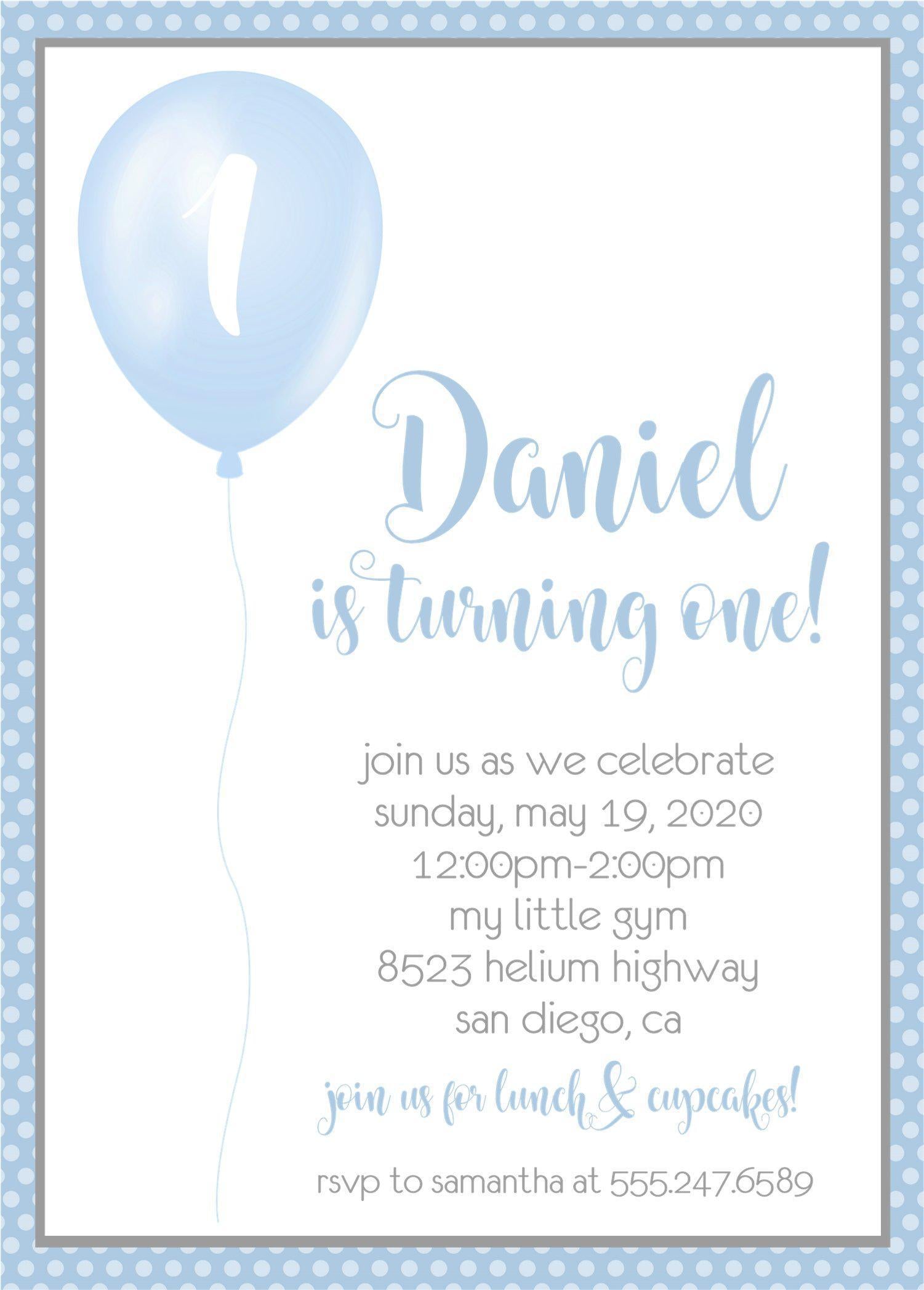 Boys Blue Balloon 1st Birthday Party Invitations