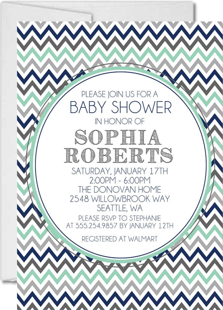 Boys Blue & Grey Chevron Baby Shower Invitations