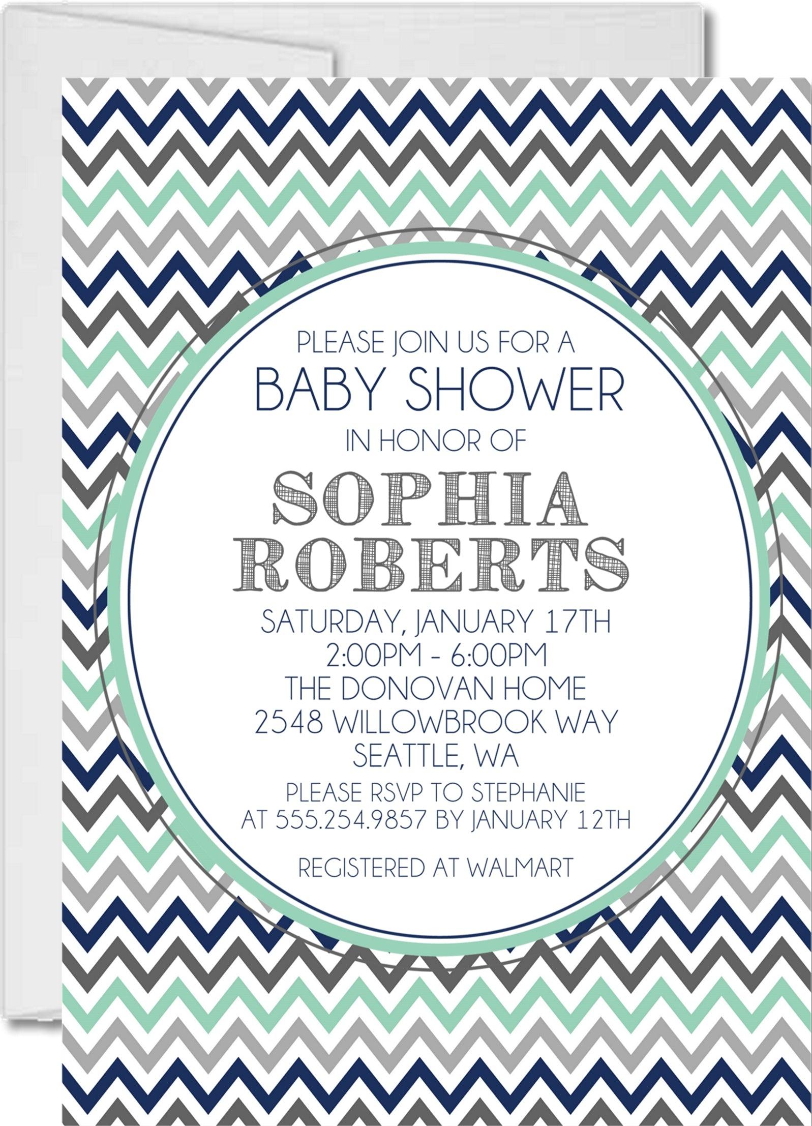 Boys Blue & Grey Chevron Baby Shower Invitations