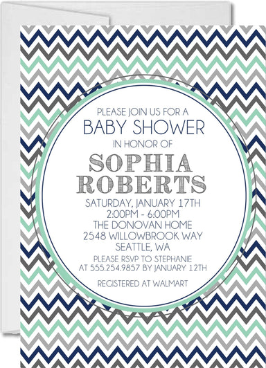 Boys Blue & Grey Chevron Baby Shower Invitations