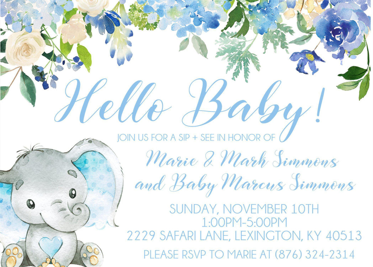 Boys Blue Safari Elephant Sip And See Invitations