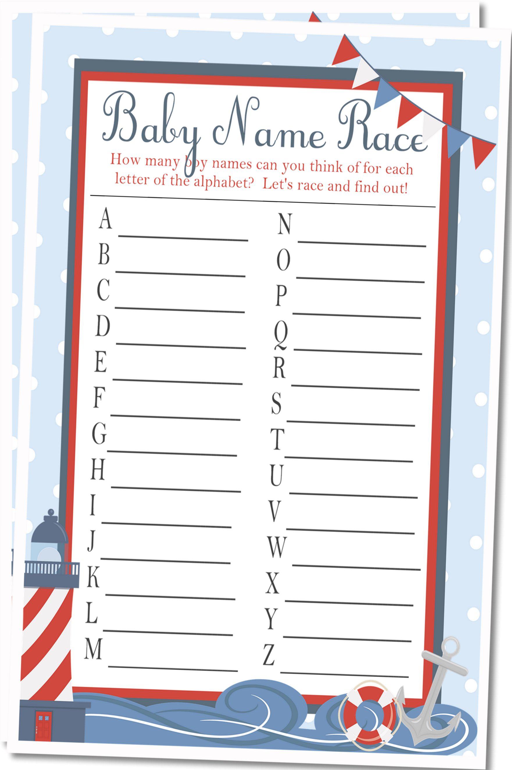 Boys Nautical Baby Shower Name Race Game Cards