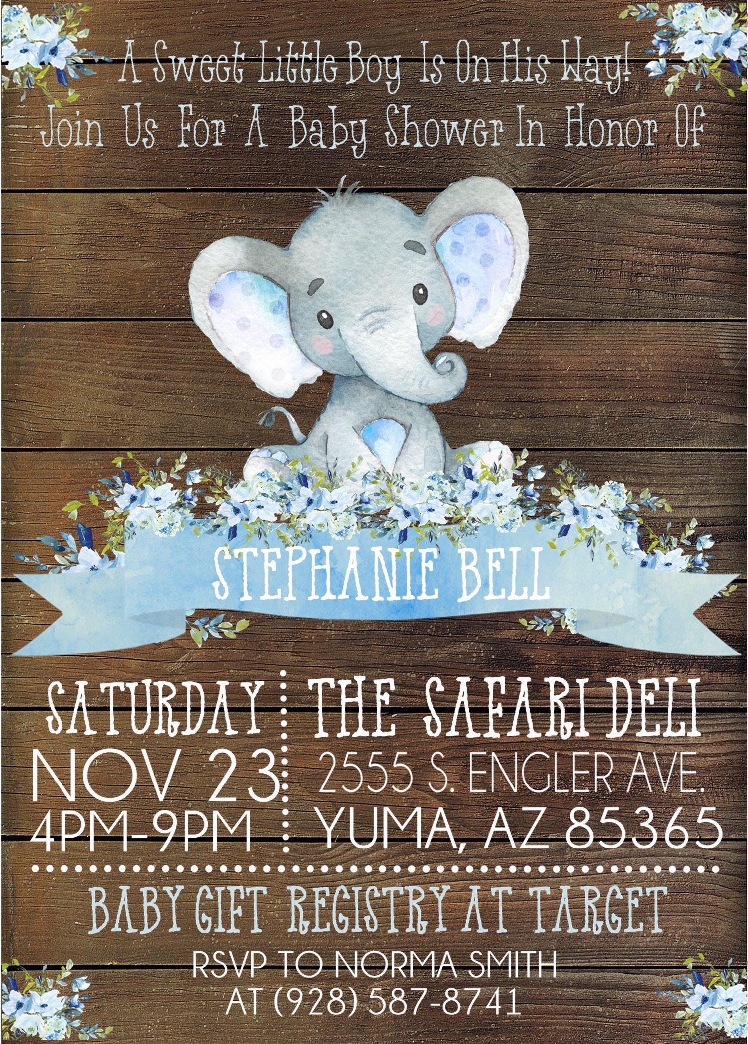 Boys Rustic Elephant Baby Shower Invitations