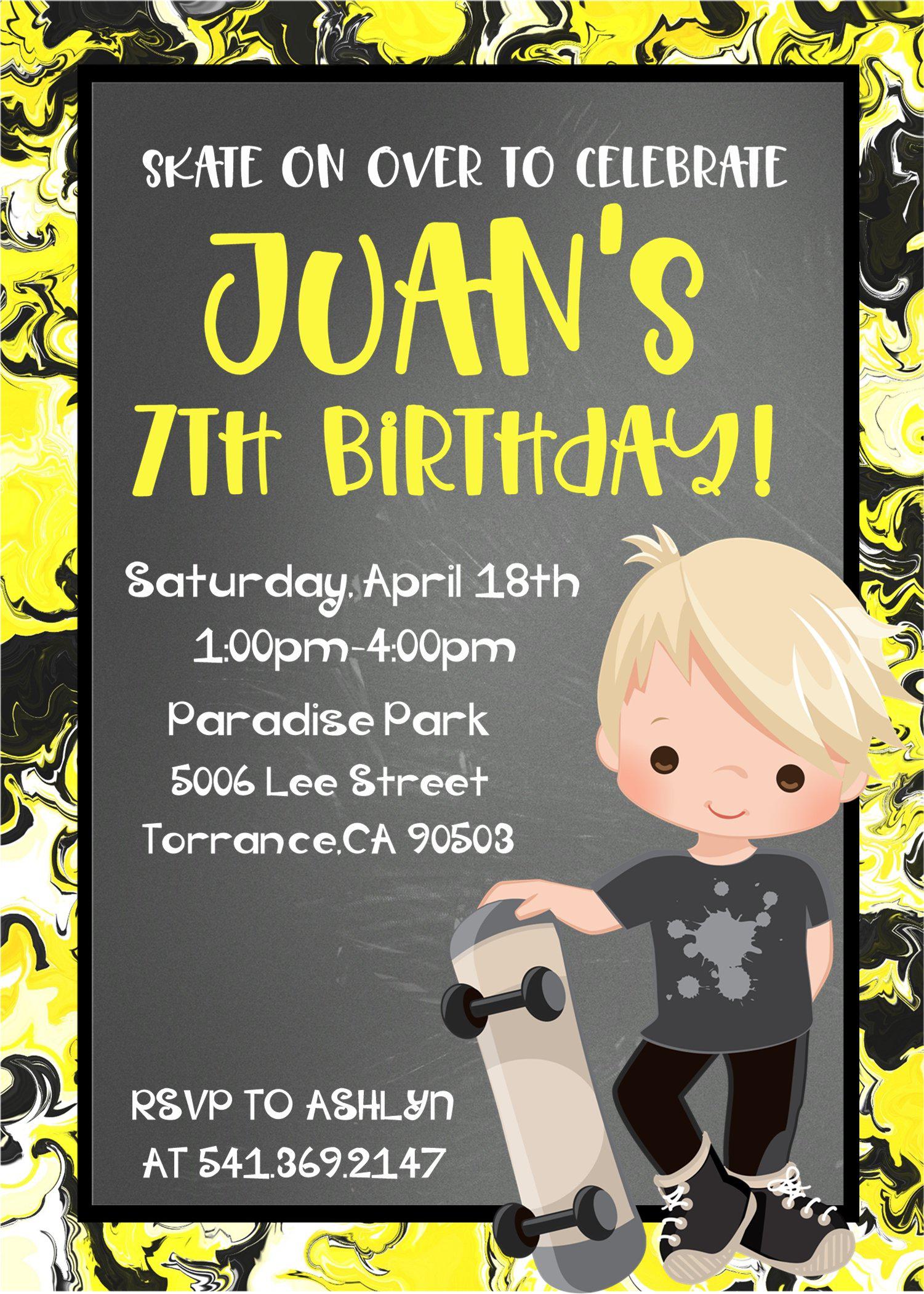 Boys Skateboard Birthday Party Invitations