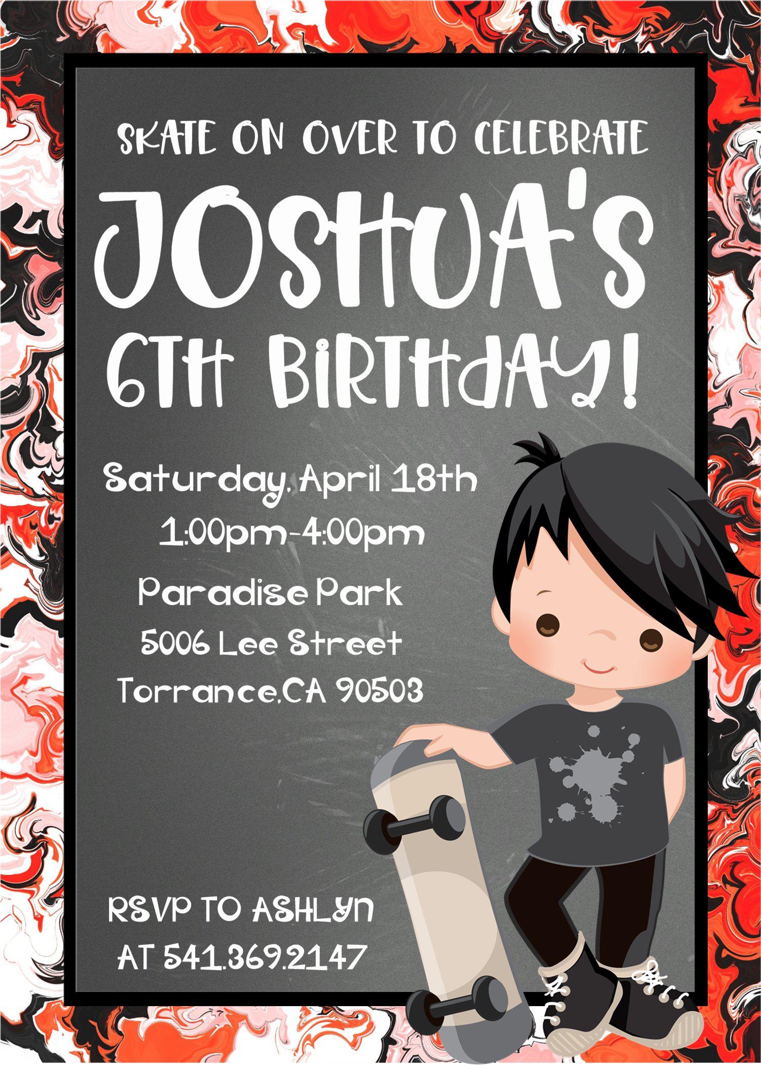 Boys Skateboard Birthday Party Invitations