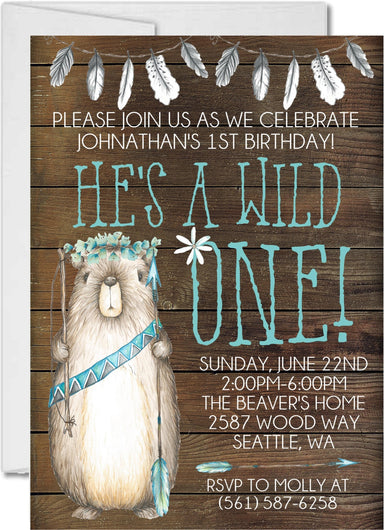 Boys Tribal Woodland Beaver 1st Birthday Party Invitations