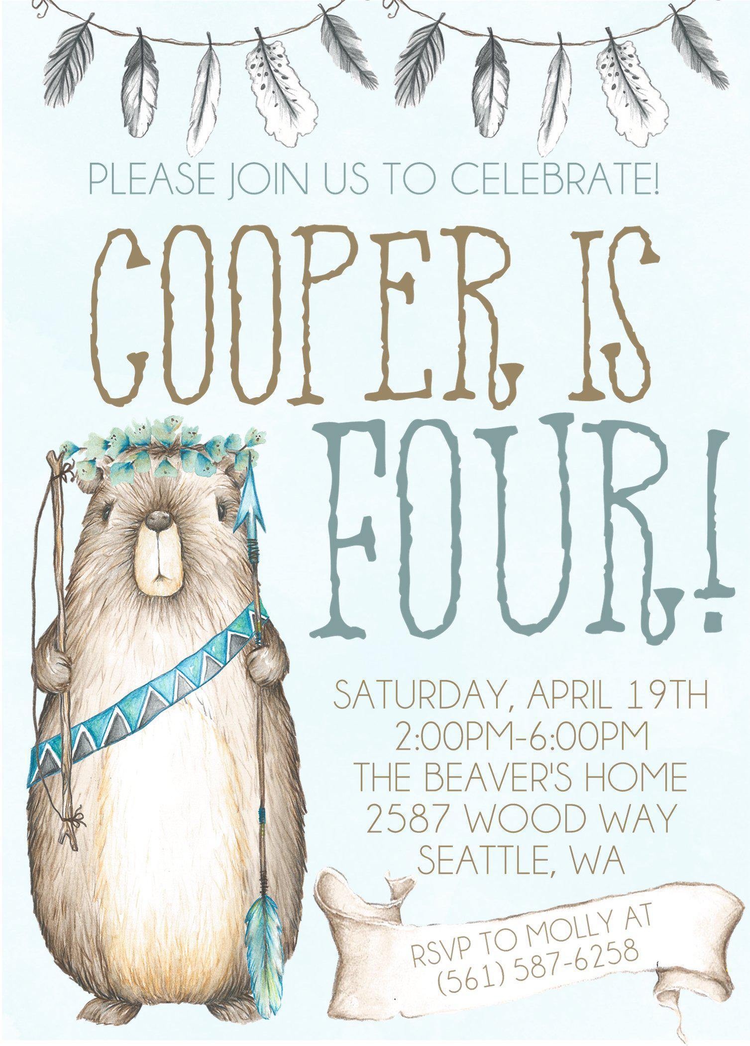 Boys Tribal Woodland Beaver Birthday Party Invitations