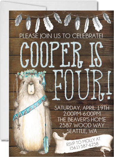 Boys Tribal Woodland Beaver Birthday Party Invitations