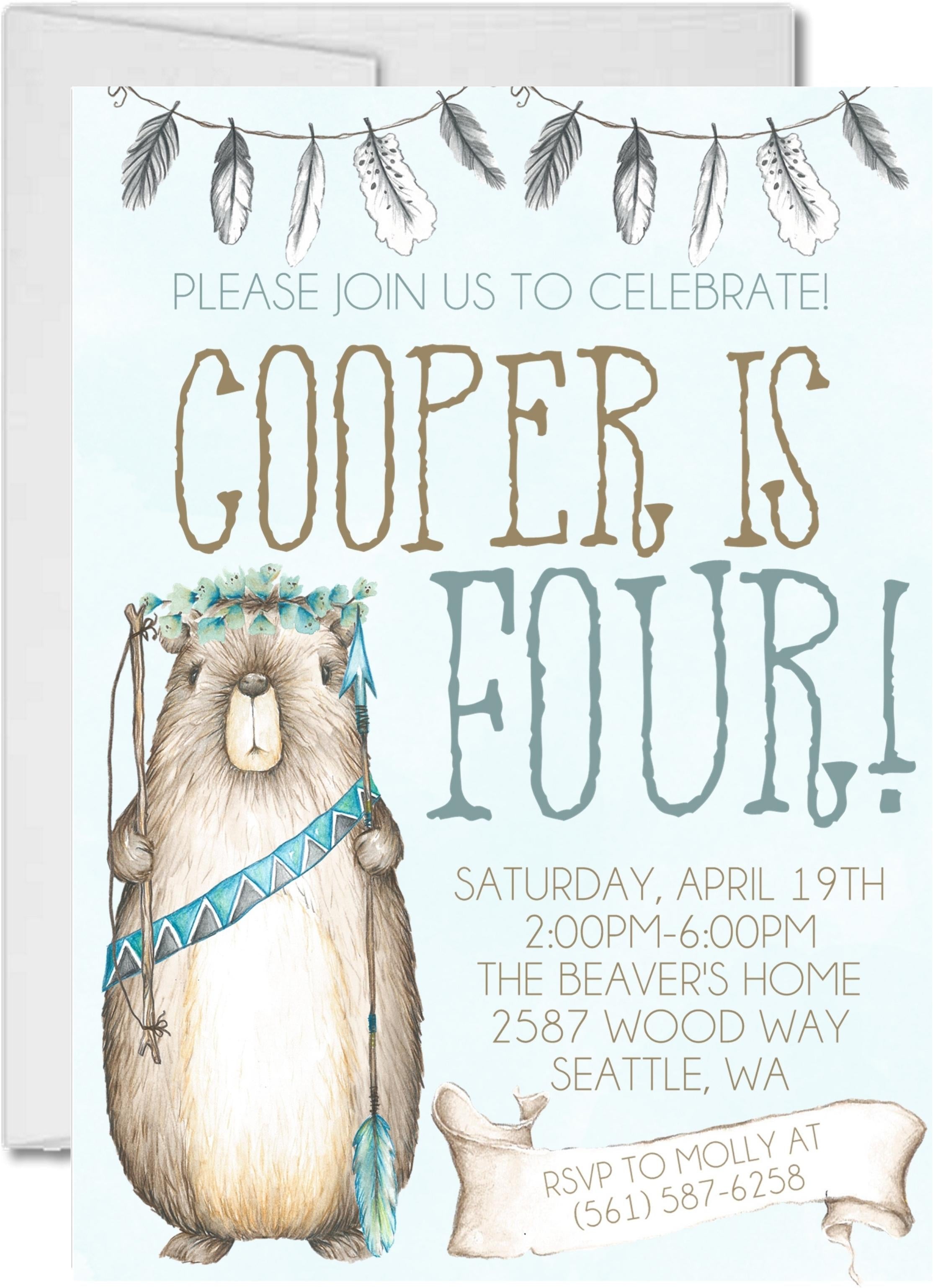 Boys Tribal Woodland Beaver Birthday Party Invitations