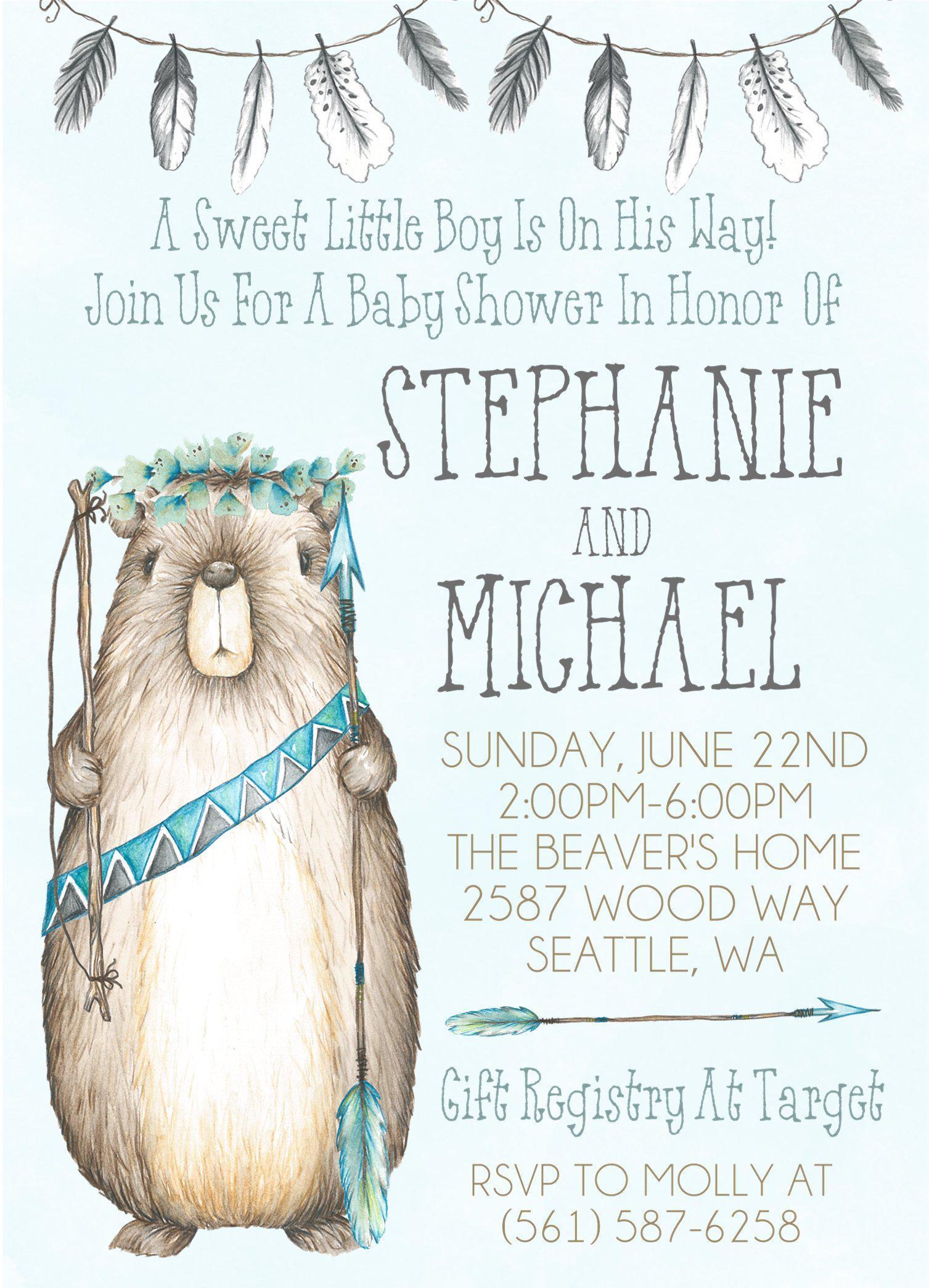 Boys Tribal Woodlands Boho Beaver Baby Shower Invitations