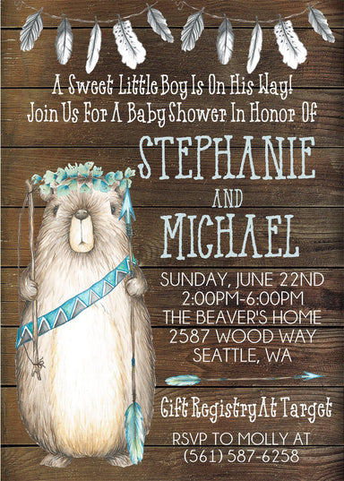 Boys Tribal Woodlands Boho Beaver Baby Shower Invitations