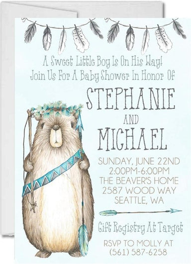 Boys Tribal Woodlands Boho Beaver Baby Shower Invitations