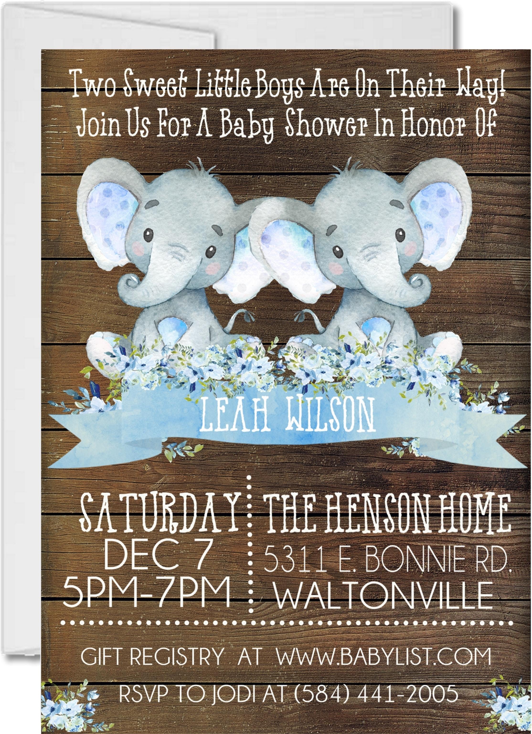 Boys Twins Rustic Safari Elephant Baby Shower Invitations