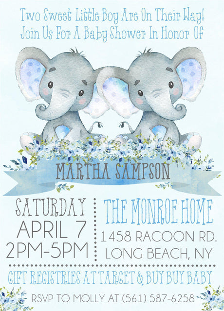 Boys Twins Safari Elephant Baby Shower Invitations