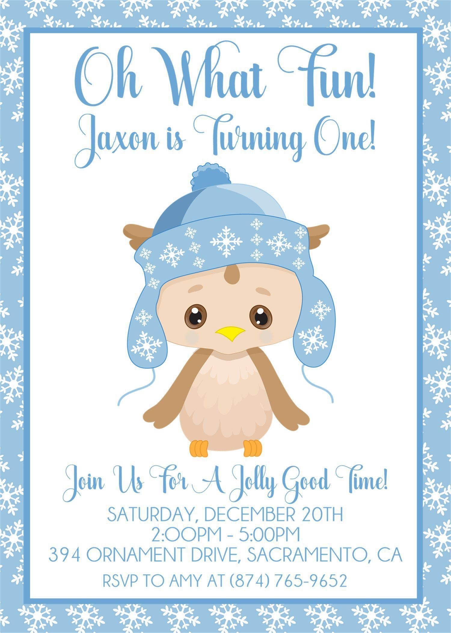 Boys Winter Owl 1st Birthday Party Invitations