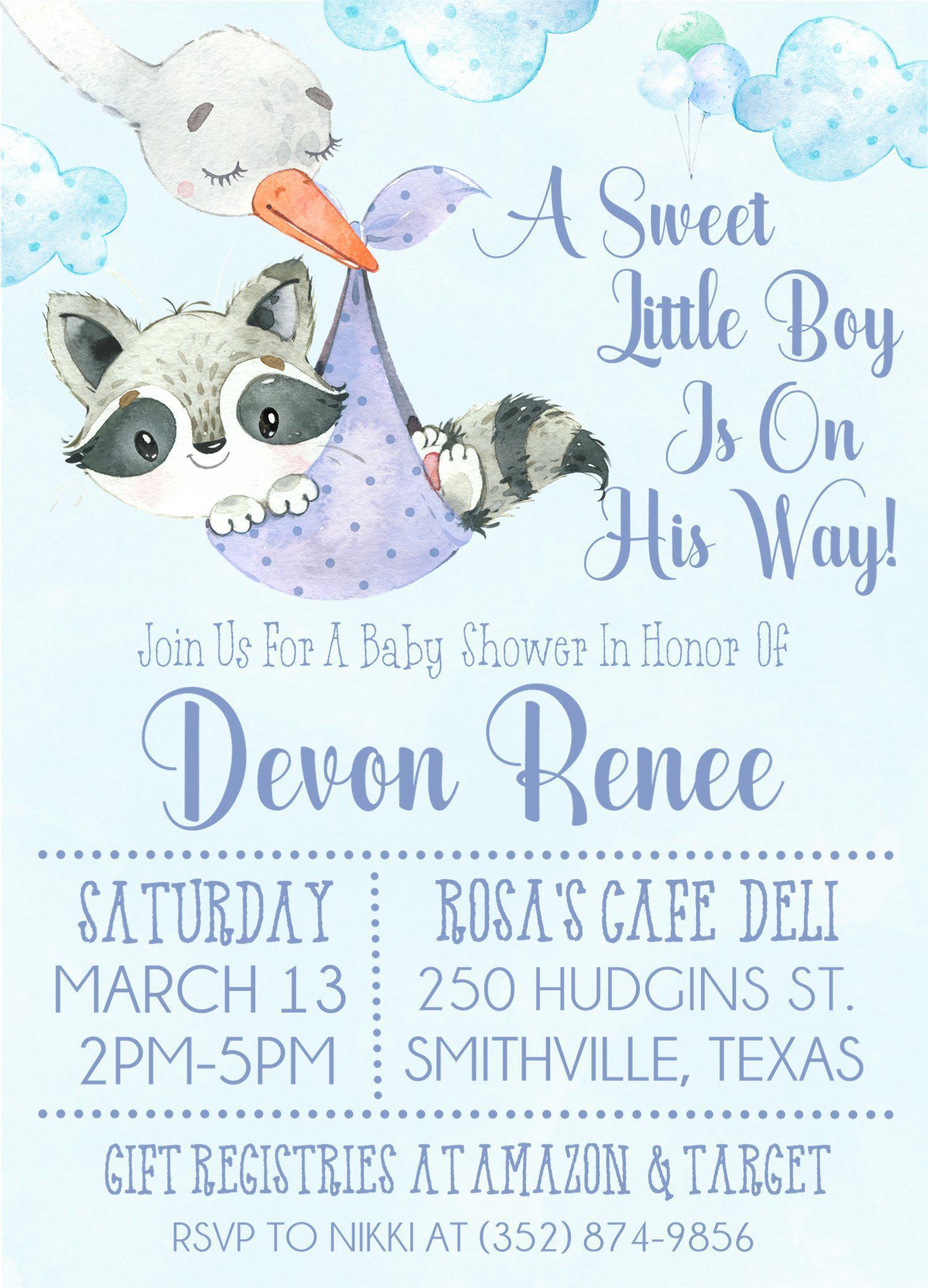 Boys Woodlands Raccoon Baby Shower Invitations