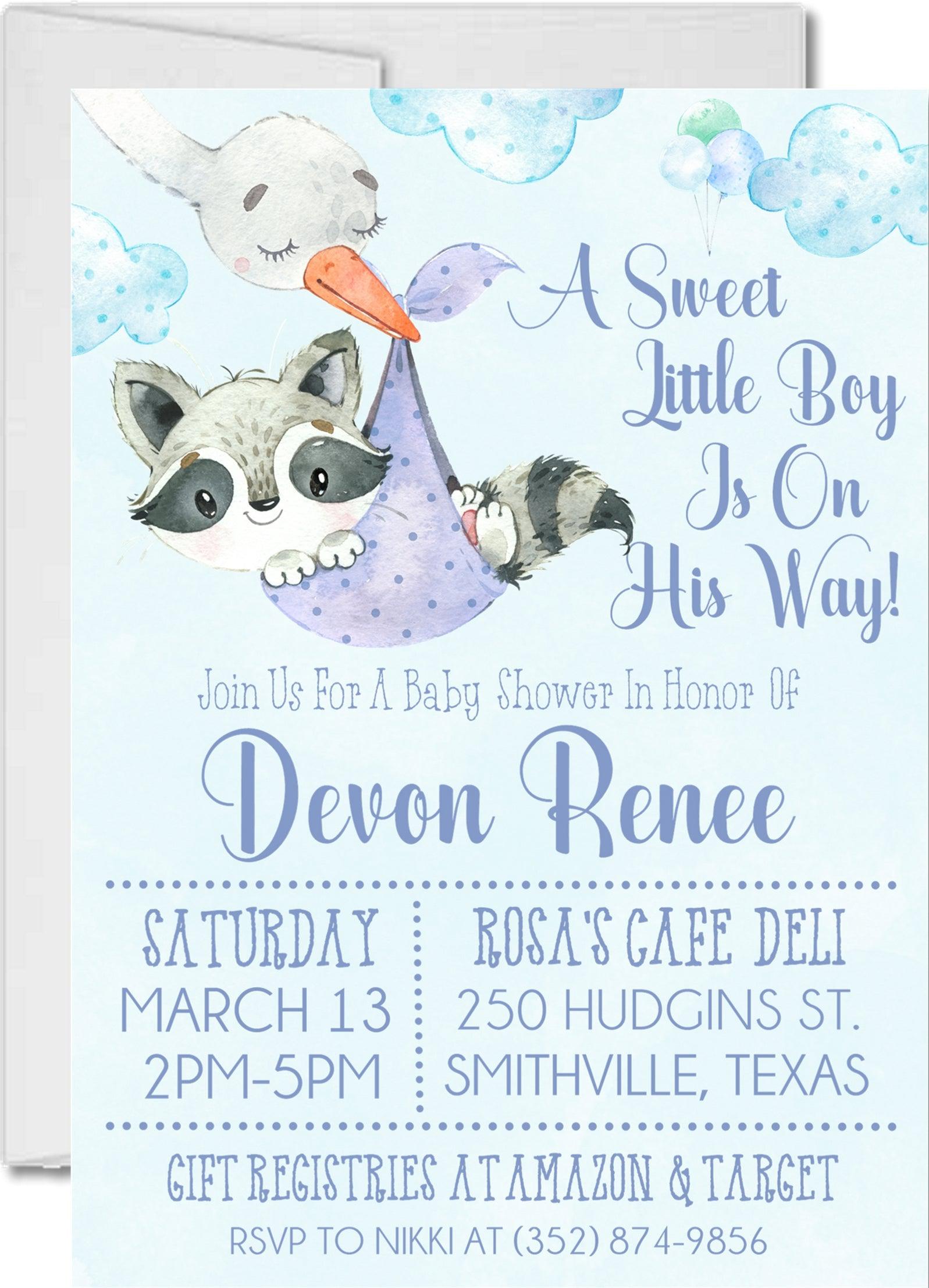 Boys Woodlands Raccoon Baby Shower Invitations