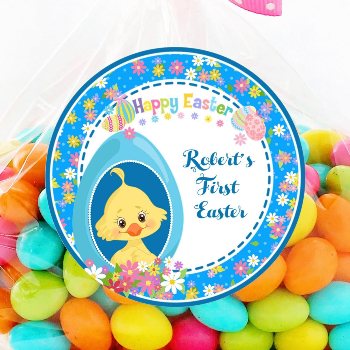 Boys First Easter sticker with chick inside Easter egg