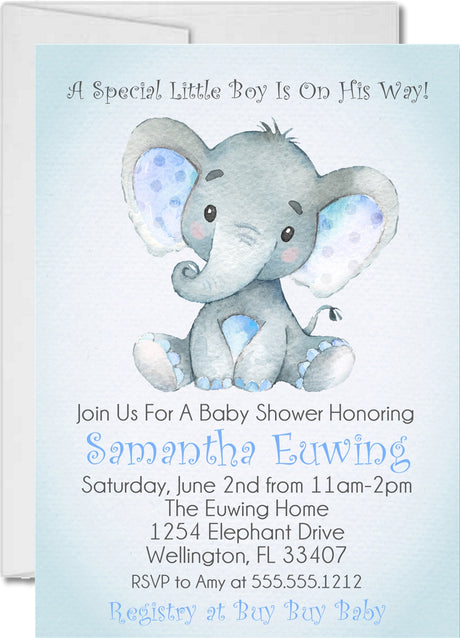 Boys blue baby elephant baby shower invitations