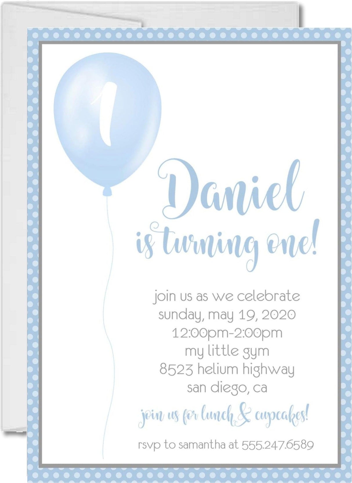 Boys blue balloon birthday party invitations