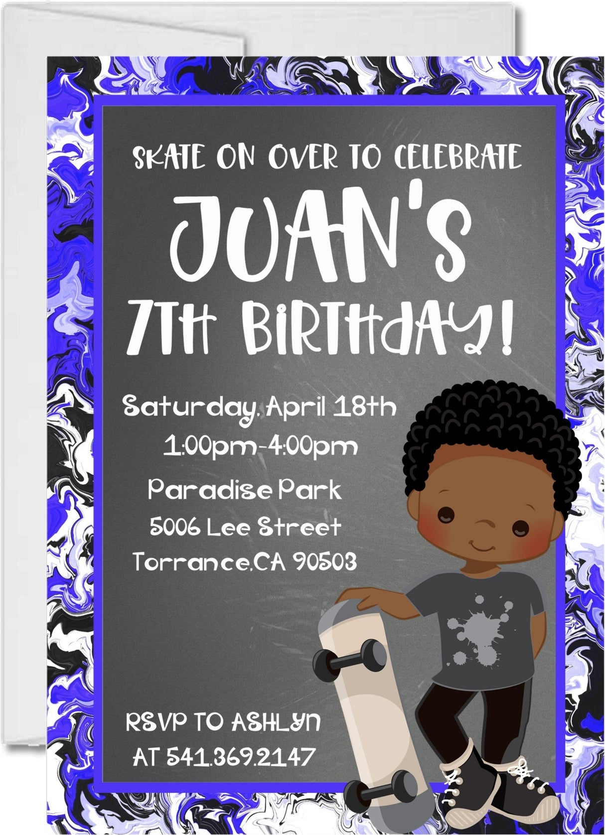 Boys blue black skateboard birthday invitations graffiti theme