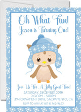 Boys blue winter owl 1st birthday party invitation