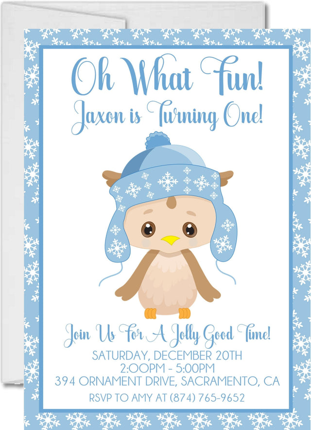 Boys blue winter owl 1st birthday party invitation